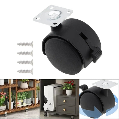 2 Inch Caster Wheels With Brakes, Swivel Nylon Plate Casters Set Of 4, shown with screws and furniture examples