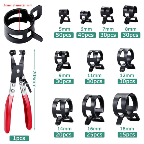 Spring hose clamp kit with pliers; black stainless steel clamps, 5–18 mm, 300 pcs for automotive and plumbing