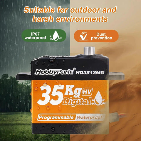 Front view of HobbyPark 35Kg waterproof high-torque servo motor with metal gears and orange label