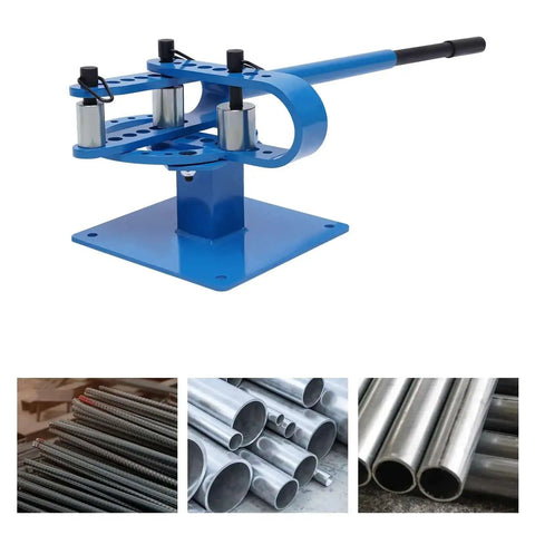 Beefy Workhorse Pipe Bender With 7 Dies One And A Half Inch Benchtop Tube Bending Machine in blue, shown with various metal tubes.