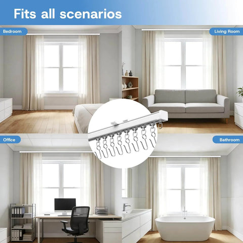 Heavy Duty Ceiling Curtain Track System With Whisper Quiet Glide For Room Dividers Aluminum Alloy Rails Ceiling Or Wall Mount White 3.3ft Track With Hooks For Sliding Curtains shown installed in bedroom, living room, office, and bathroom.
