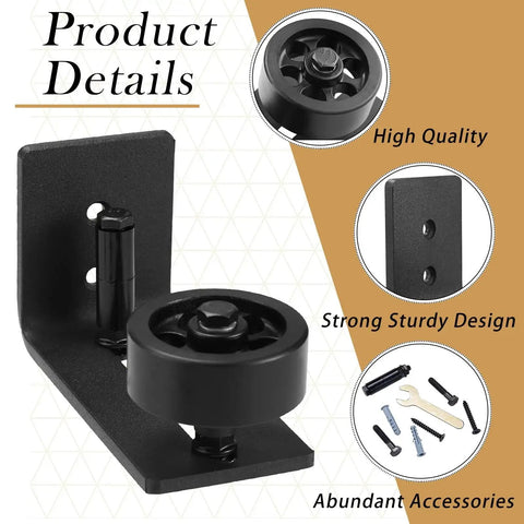 4 Pieces Sliding Closet Barn Door Floor Guide Kit With Flush Wall Mount Design And Bottom Adjustable Roller Non Scratch Hardware For Smooth Sliding 8 Assembly Options Durable Materials For Quiet Operation And Easy Installation, showing close-up of floor guide and mounting hardware.