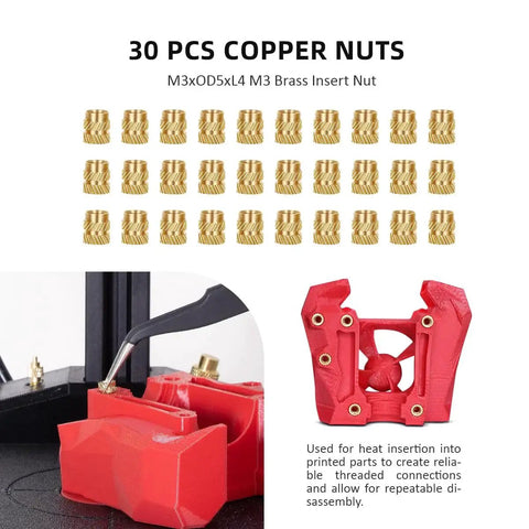 Heat Set Insert Tool With 90W Soldering Iron And M2 To M8 Tips And 30 Inserts shown with copper nuts used for heat insertion.