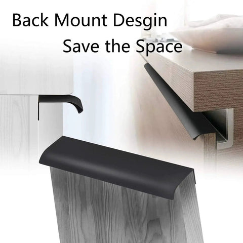 Close-up of 6 Pack Self Adhesive Drawer Pulls Black 5.9 Inch Back Mount Finger Edge Cabinet Handles installed on wood surfaces