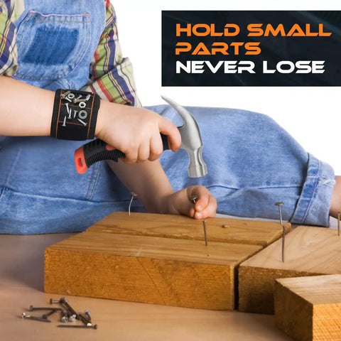 Child using 25 Pieces Kids Real Tool Kit With Real Hand Tools For Young Builders Includes Kids Tool Belt And Pouch Bag Magnetic Wristband Safe Steel Tools For DIY Woodworking Home Repair Projects, hammering nail into wood with magnetic wristband nearby.