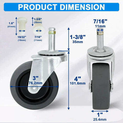 3 Inch Swivel Stem Cart Caster Replacement Wheels For Mop Buckets, 7/16 x 1-3/8 Inch Stem, TPR Rubber Wheel dimensions