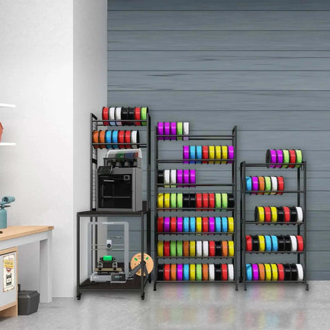 Beefed Up Heavy Duty 3D Printer Stand With Double Layer Filament Storage Rack On Wheels, holding printer and colorful filaments.