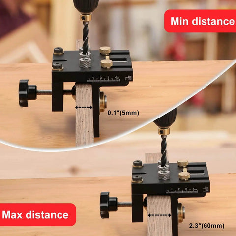 3 In 1 Dowel Jig Kit Self Centering Doweling Jig For Straight Dowel Holes With 6mm 8mm 10mm 15mm Bits Dowel Drill Guide Locator Fits 5 To 60mm Wood Thickness Joints Built For DIY Woodworking And Carpentry Pros, shown with adjustable clamps and drill setup.