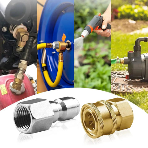 Eight Pack One Quarter Inch NPT Stainless Steel Quick Connect Fittings For Pressure Washers, Male And Female Internal Thread Adapters, Five Thousand PSI, Durable Rust Resistant in use with various equipment.