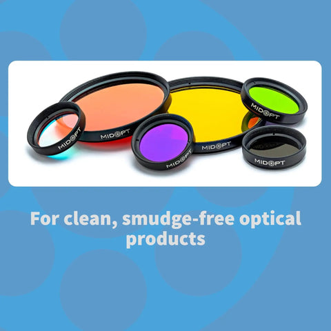 Colorful optical lenses displayed on blue background for Optics Cleaning Solution With Microfiber Cloth For Smudge Free Lenses 2 Oz