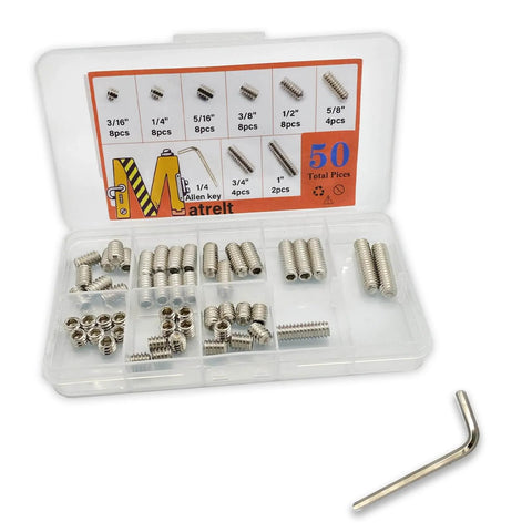 All In One Hex Socket Screws Set 50 Pcs Eight Size Assortment 1/4-20 Thread Cup Point Grub Screws 304 Stainless Steel With 1/4 Inch Allen Keys For Bathroom Fixtures Doors Handles Strips Poles Racks in transparent plastic case with Allen key
