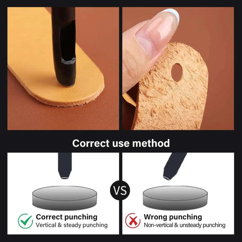 Eight Size Oval Leather Hole Punch Set 2x4mm To 6x10mm Made From Carbon Steel for belt holes crafting showing correct punching method