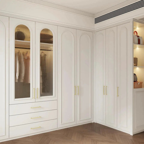 Brushed Gold Cabinet Pulls 10 Pack, 5 Inch Hole Center Drawer Handles, installed on white wardrobe drawers, zinc alloy hardware