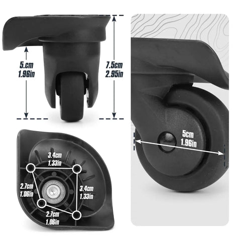 1 Pair Luggage Replacement Swivel Caster Wheels With 360-Degree Rubber Trolley Wheel Kit showing dimensions and durable PVC construction