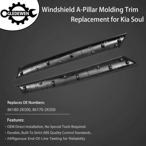 A-Pillar Trim Molding Set For Soul 2010-2013 Front Outer Right And Left made of black ABS material, with clips visible.
