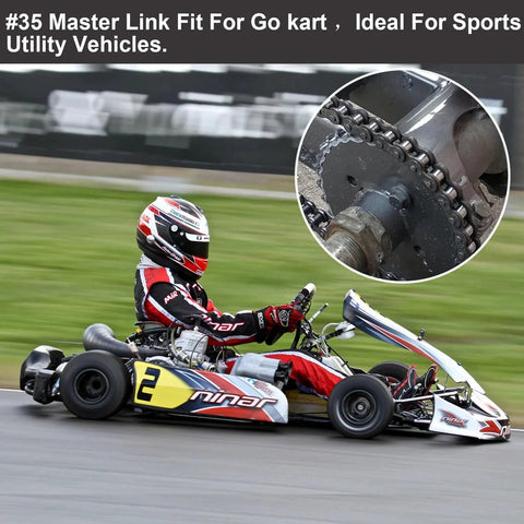 Racing go-kart on track with close-up of #35 chain master link, ideal for sports utility vehicles.
