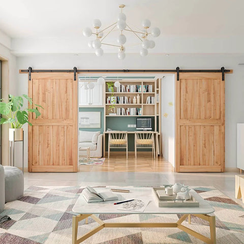 Installed view of Heavy Duty Double Sliding Barn Door Hardware Kit, 15 Ft Track System with wooden doors in living room.