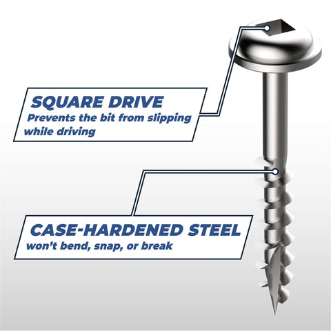 Close-up view of a zinc pocket hole screw for woodworking with square drive and case-hardened steel.
