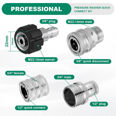 Pressure Washer Quick Connect Kit With Stainless Steel Adapter Set M22 Swivel 14mm To Three Eighths Inch Quick Disconnect