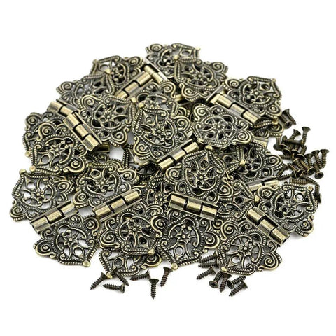 Antique Bronze Engraved Hinge Set 20 Pieces Hollow Carved Design For Jewelry Boxes