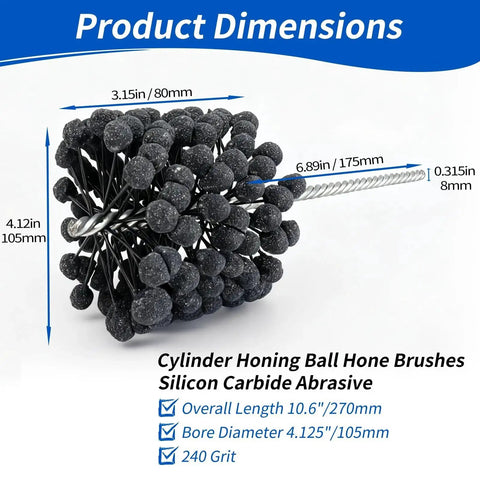 Front view of Cylinder Honing Ball Brush 4.125 Inch Diameter 240 Grit Silicon Carbide with dimensions and labels