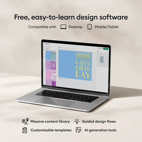 Laptop displaying design software for Maker 4 Smart Cutting Machine Engagement Plus Bundle With EasyPress 3 Heat Press 9x9 Mat