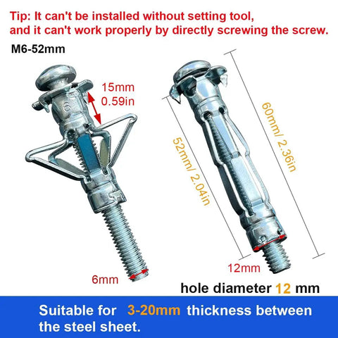 Diagram of M6x52mm zinc-plated steel molly bolts from Drywall Anchor Kit For Hollow Walls With Screws 30Pcs, showing dimensions.