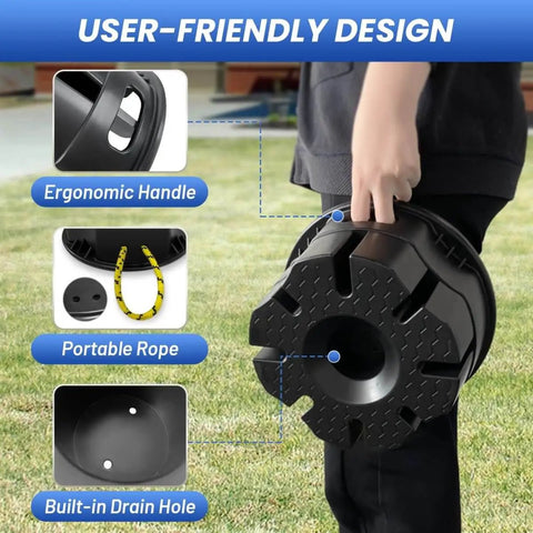 User holding 6 Inch Trailer Jack Block with carry bag for RV and travel trailers, showing ergonomic handle and built-in drain hole