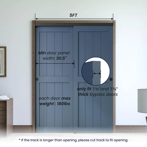 Ceiling Mount Bypass Sliding Door Hardware Kit For Cabinets And Closets, 60 Inch Long, Double Pocket Doors installed view