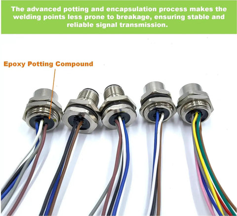 M12 5 Pin A Coded Connector Cable Female Panel Mount Extension Cable Flange Socket With Gold Plated Contacts, IP67 Waterproof