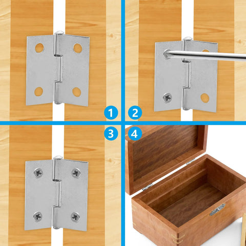 Piutouyar 6-pack 1-inch 304 stainless steel butt hinges with screws, front, side, and installed on a wood box.