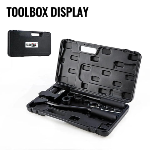 Heavy Duty Stud Punch Set For Sheet Metal 7/8, 1-1/8, And 1-11/32 Inch Holes, 20GA Steel in black toolbox open view