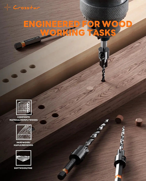 All In One Countersink Drill Bit Set With Wood Plug Cutter And Stop Rings for Pros and DIYers Crosstar 18 Piece Kit in use
