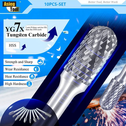 Close-up of a Ten Piece Pro Grade Tungsten Carbide Burrs Set With One Quarter Inch Shank showing double cut design.