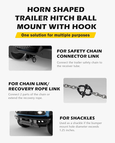 Instructions for horn shaped trailer hitch ball mount with hook and uses for safety chain connector, chain link, and shackles.