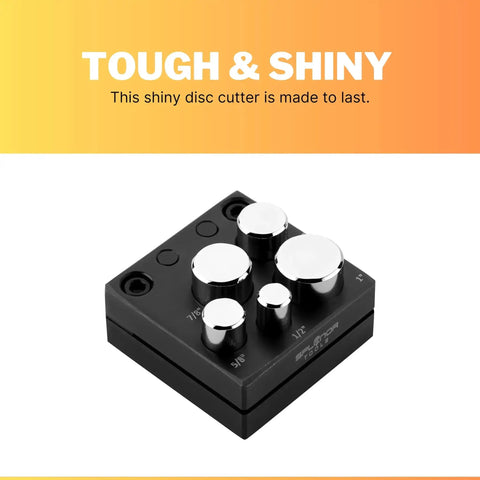 Round Disc Cutter Kit For Jewelry Makin And Metalwork, Five Die Sizes from 12.7mm to 25.4mm, black base with shiny metal tops.