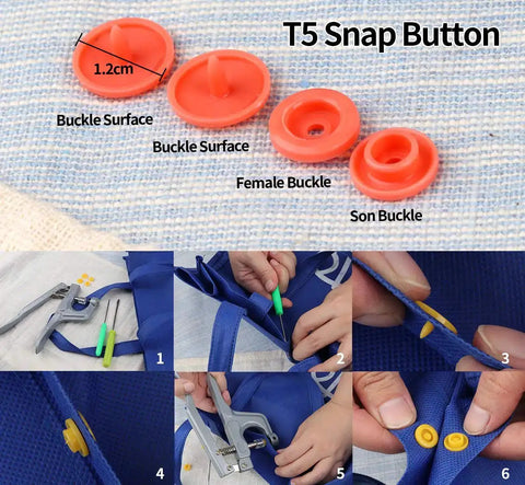 Detailed view of T5 snap buttons with size information, aluminum pliers, and application steps for the Bulk Snap Button Starter Kit With Pliers, 400 T5 Plastic No Sew Fasteners In 20 Colors, Aluminum Pliers, 2 Clear Storage Boxes, 10 Wonder Clips, And English Guide For DIY Sewing Clothes Diapers Rain Gear Crafting.