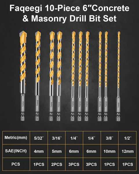 Beefed Up Heavy Duty Masonry Drill Bit Set With Six Inch Bits And YG10X Carbide Tips For Durability Shockproof Hex Shank Works On Concrete Tile Brick Cement And Glass Includes Five Thirty Second Inch To One Half Inch Sizes displayed with size chart