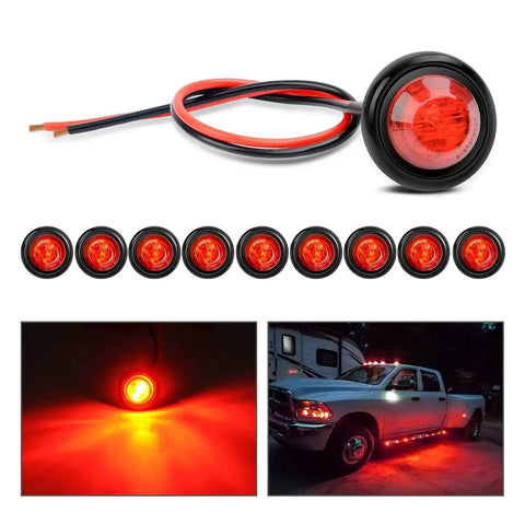10 Pack 3/4 Inch Round LED Clearance Lights For Trucks RVs Cars Buses Trailers And Boats Front Rear Side Marker Indicator Bullets 12V Red 60 Lumen Output Surface Mount With Rubber Grommet Long Lasting displayed on a truck with glowing red light