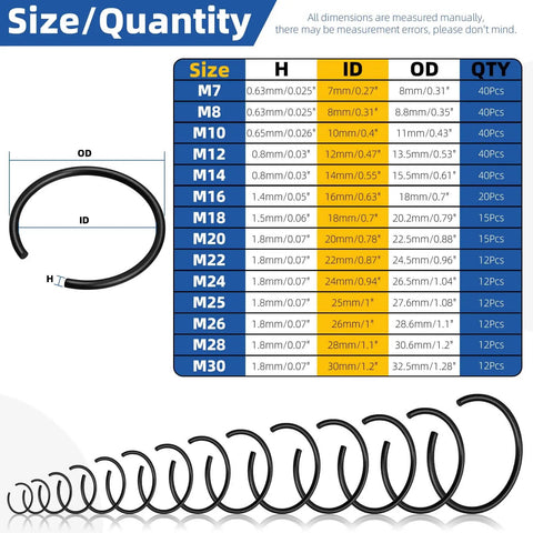 DIY Ready 322 Piece Metric Round Wire Snap Ring Kit 7mm To 30mm Internal Circlips Retaining Rings chart with sizes and quantities