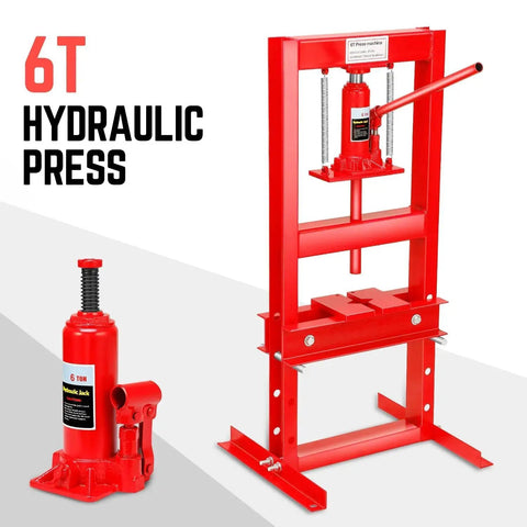 6 Ton Hydraulic Shop Press With H Frame Floor Model for auto and metalwork, heavy duty steel, includes bottle jack and adjustable range.