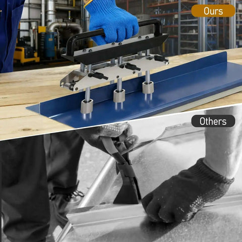 3 Station Roller Bender For Sheet Metal, Adjustable 0 To 90 Degree Bending Angles in use on blue metal sheet