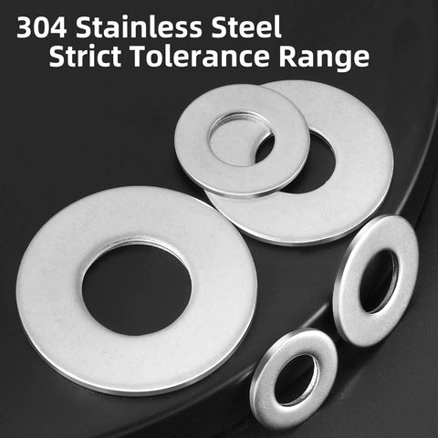 Flat washers, 304 stainless steel, assorted sizes, metallic silver