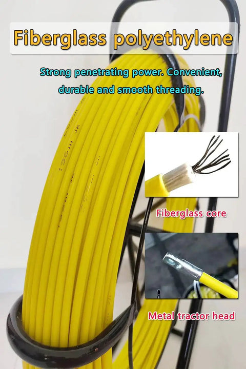 Close-up of 6Mm Fiberglass Fish Tape With Steel Reel Stand, showing yellow fiberglass coil and metal head for electrical installations.
