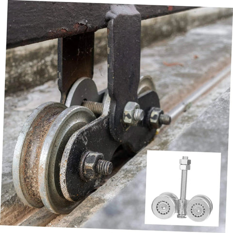 Close-up of Heavy Duty Sliding Door Wheel Set With Steel Track Roller For Barn Doors And Wardrobes installed on rail