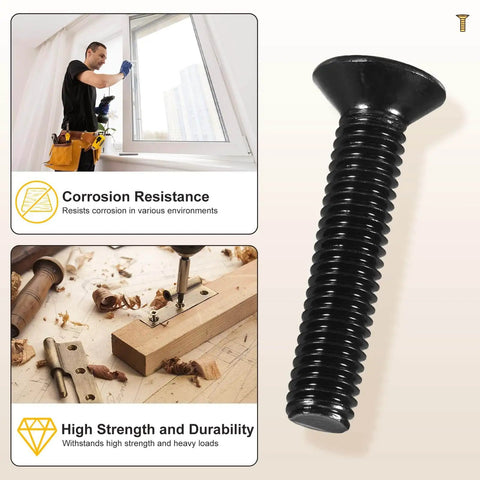 Phillips Countersunk Machine Bolt Set Size 8 32 By 3 4 Inch 50 Piece Stainless Steel 304 Flat Head Heavy Duty Hardware Kit With Hex Key Wrench Black Finish For Indoor Metal Fastening And DIY Furniture Repair, black bolt shown vertically.