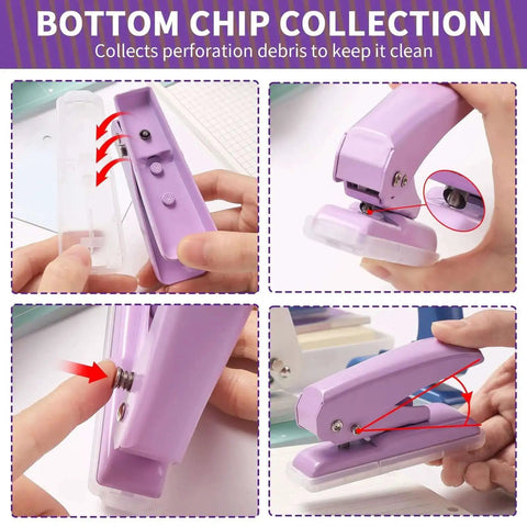 Single Hole Punch For Crafts And Scrapbooks With 40 Sheets Punch Capacity Non Slip Removable Base demonstrated in use