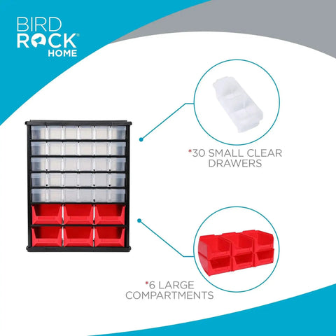 36 Drawer Craft Organizer Bin Heavy Duty Metal Hardware Storage For Nails Nuts Bolts Legos And Small Parts Versatile Parts Bin Organizer With Mini And Large Drawers For Home Workshop Garage, showing organizer with 30 small clear drawers and 6 large red compartments.
