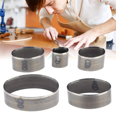 5 Piece Leather Punch Die Set Hollow Oval Cutter Pro Grade Leather Craft DIY Tool shown with person using them on leather