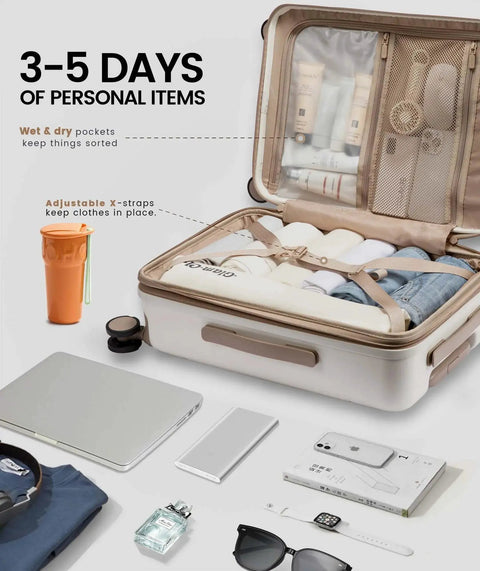 Open Expandable 22x14x9 Carry On Luggage with USB charging, showing interior straps and pockets for 3-5 day trips.